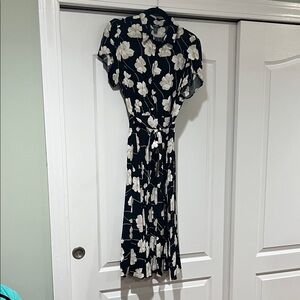 Chaps Black and Cream Floral Midi Dress